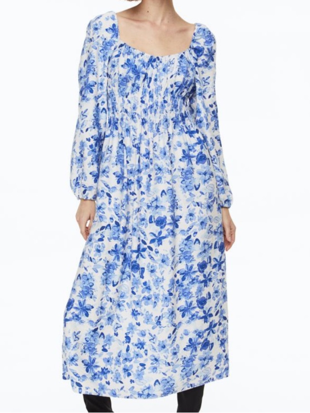 H&M White and Blue Floral Long Sleeve Midi Dress